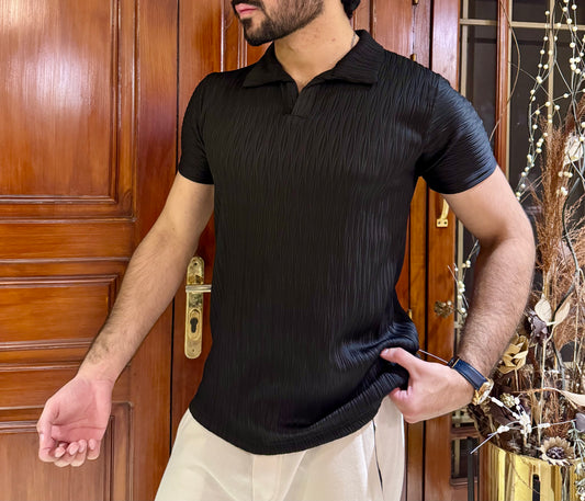 ZR Textured Stretchable Johnny Collar T-Shirt-Black