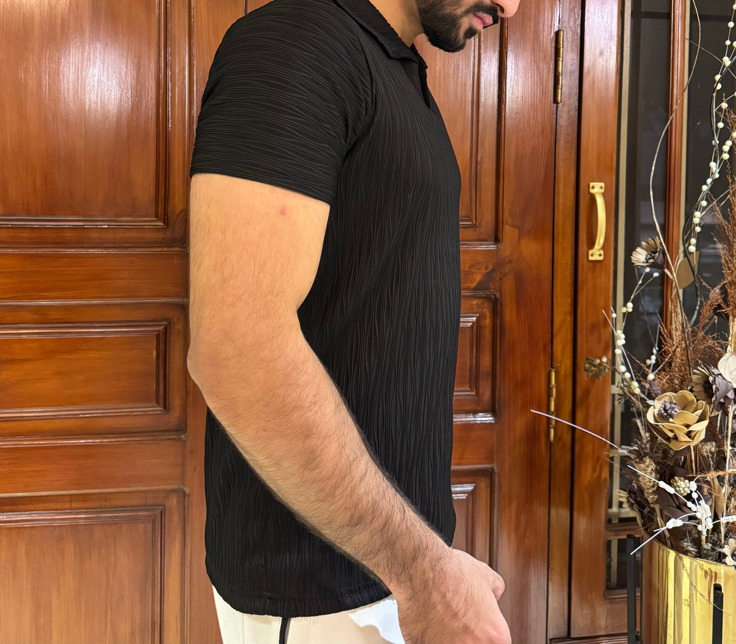 ZR Textured Stretchable Johnny Collar T-Shirt-Black