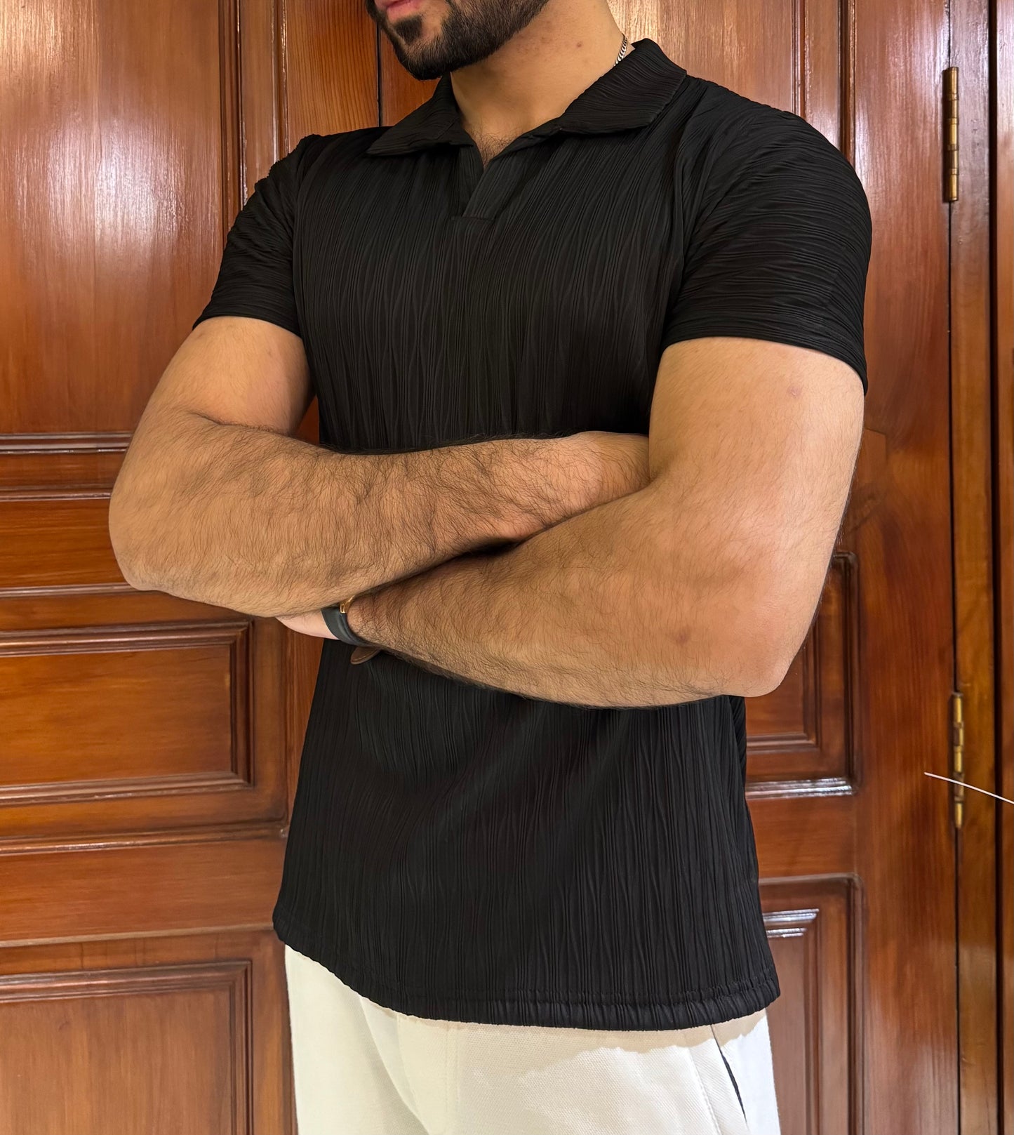 ZR Textured Stretchable Johnny Collar T-Shirt-Black