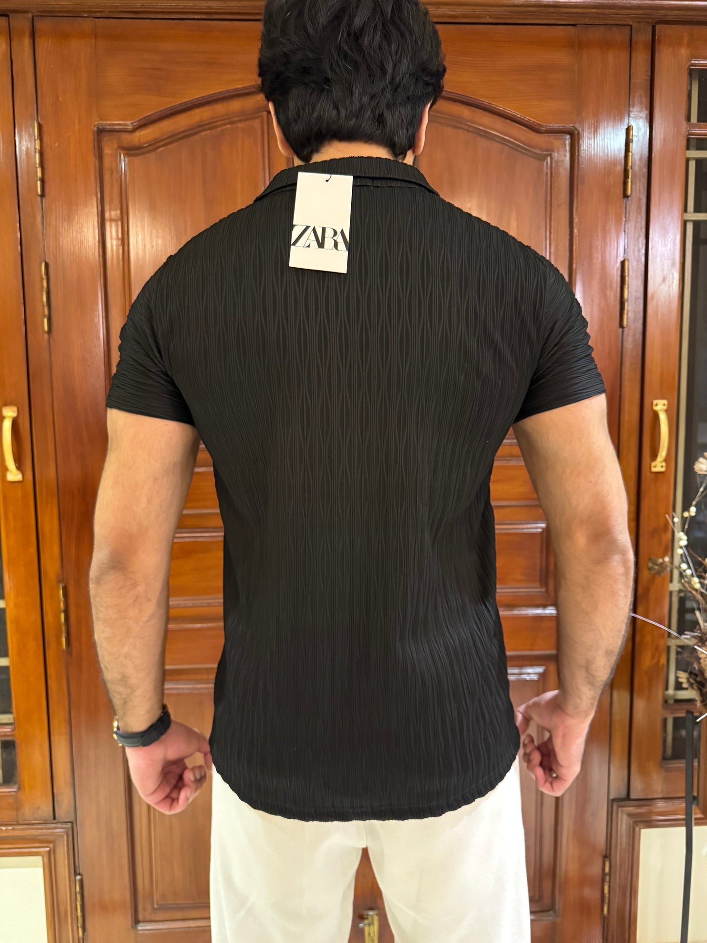 ZR Textured Stretchable Johnny Collar T-Shirt-Black