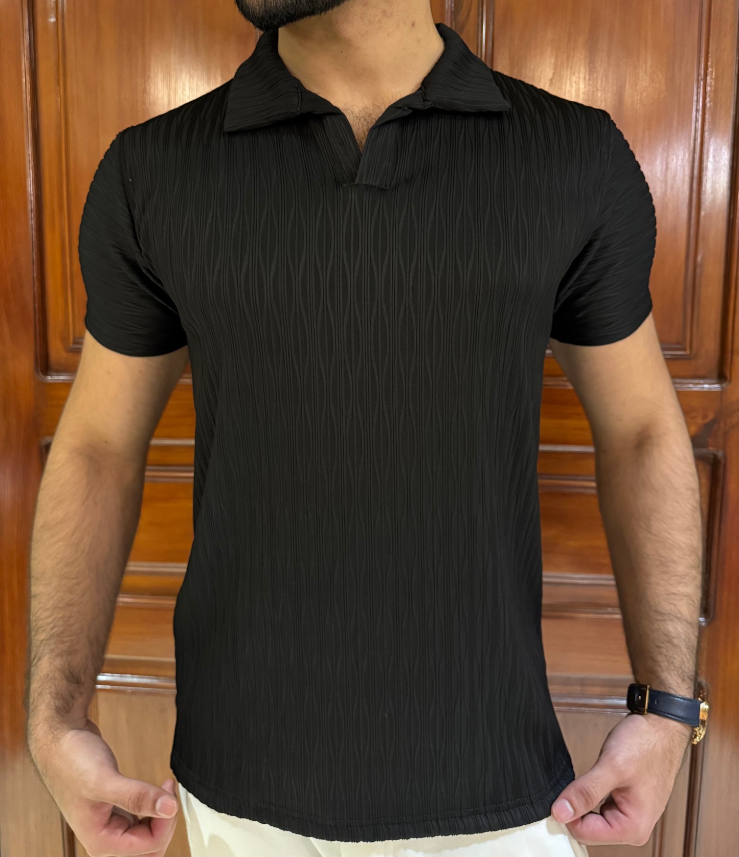 ZR Textured Stretchable Johnny Collar T-Shirt-Black