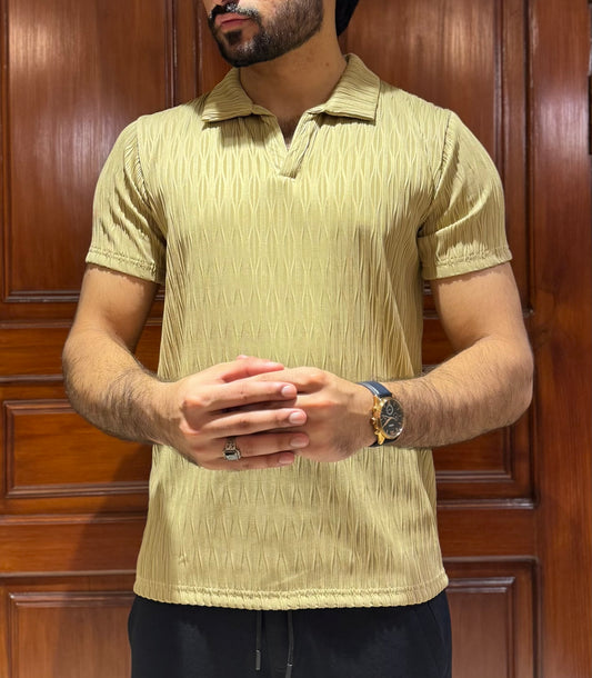 ZR Textured Stretchable Johnny Collar T-Shirt-Olive Green