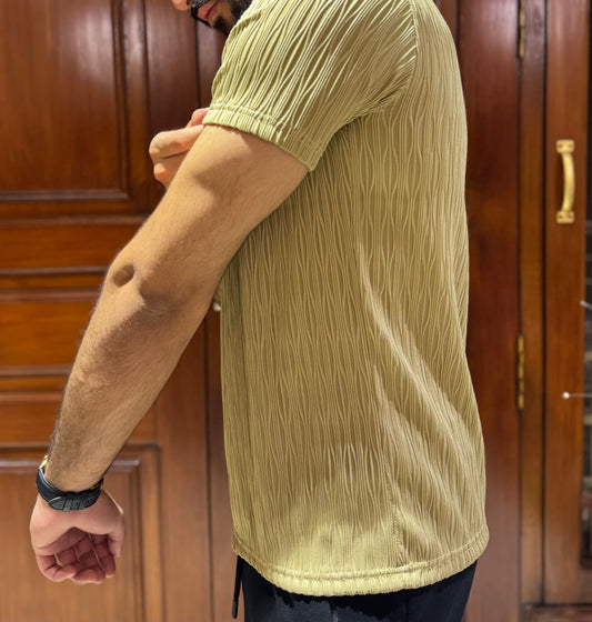 ZR Textured Stretchable Johnny Collar T-Shirt-Olive Green