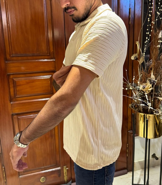 ZR Textured Stretchable Johnny Collar T-Shirt-Cream