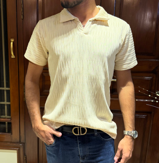ZR Textured Stretchable Johnny Collar T-Shirt-Cream