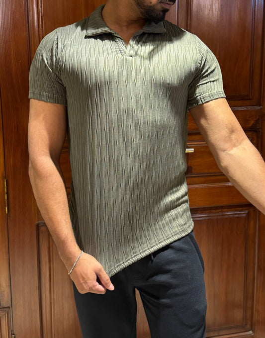 ZR Textured Stretchable Johnny Collar T-Shirt-Botlle Green