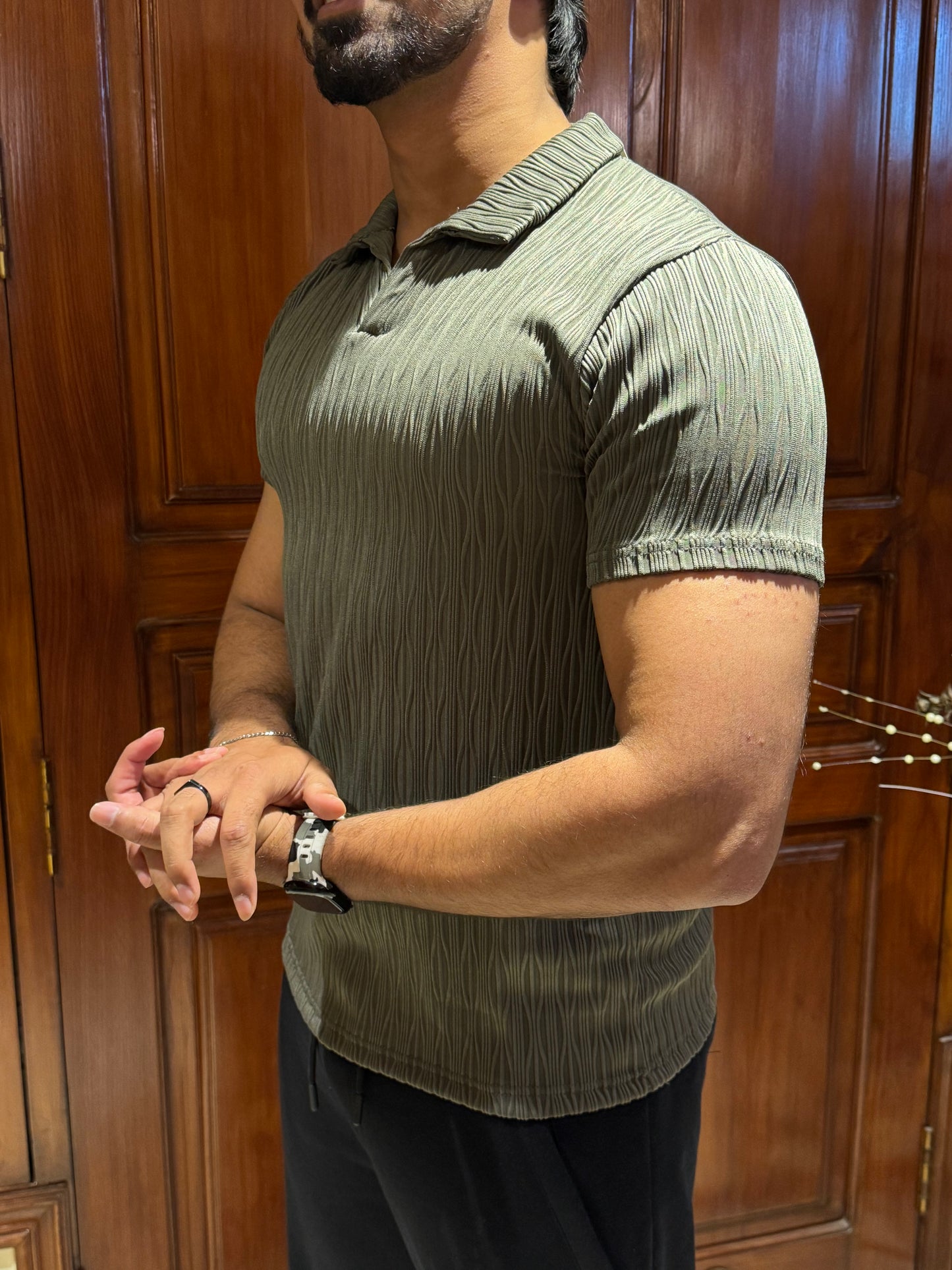 ZR Textured Stretchable Johnny Collar T-Shirt-Botlle Green