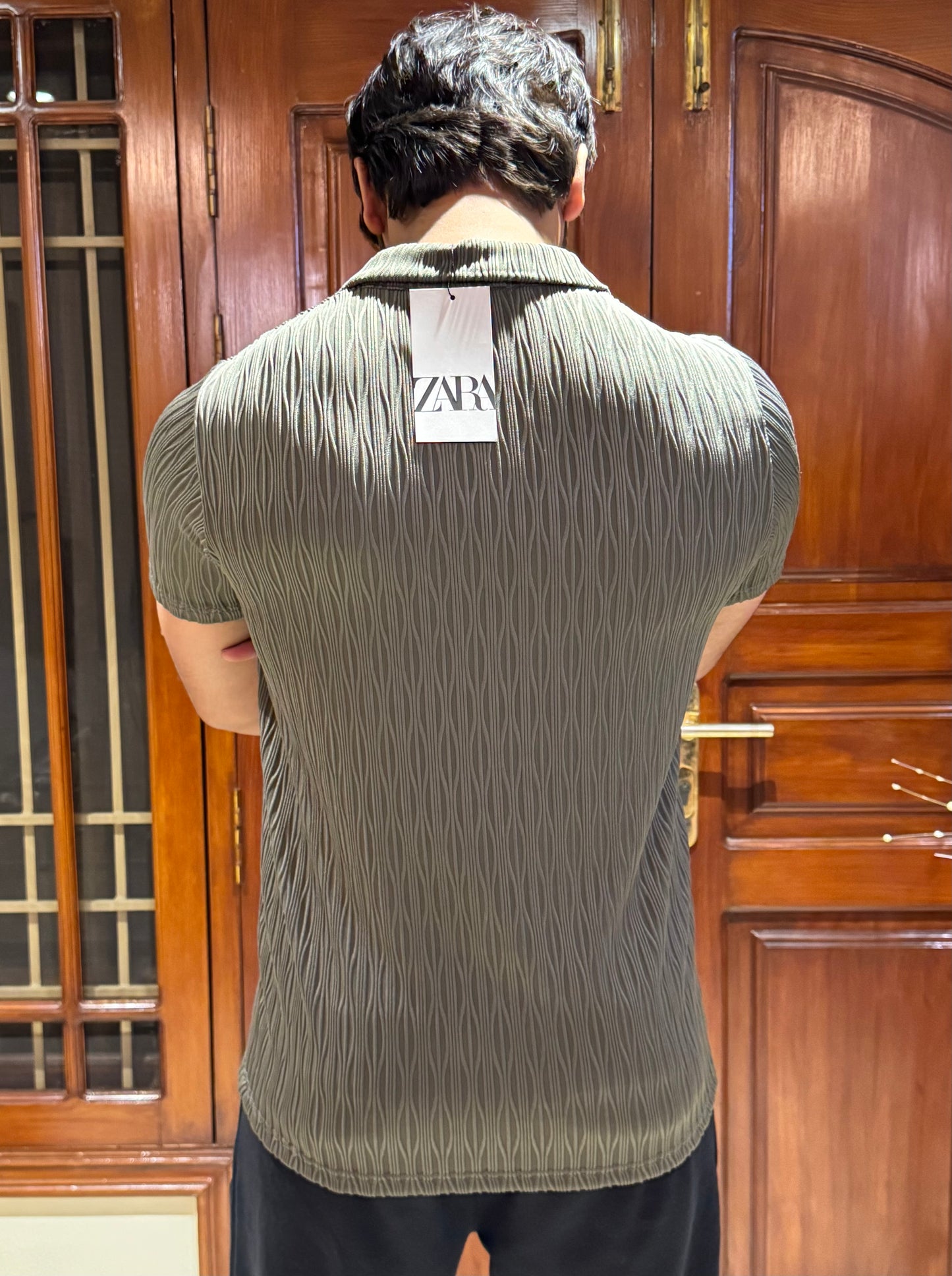 ZR Textured Stretchable Johnny Collar T-Shirt-Botlle Green