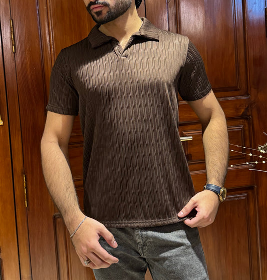 ZR Textured Stretchable Johnny Collar T-Shirt-Brown