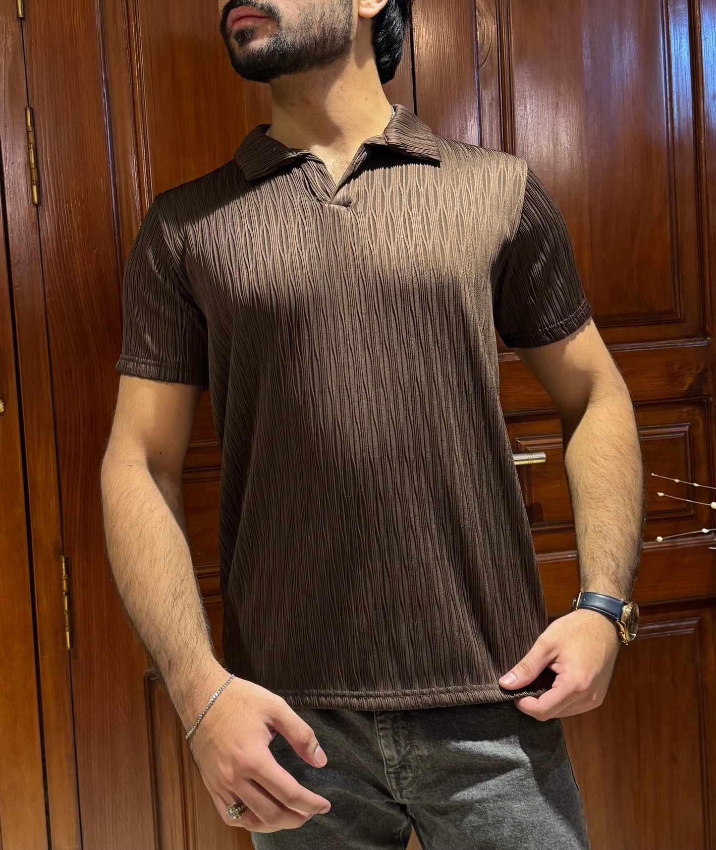 ZR Textured Stretchable Johnny Collar T-Shirt-Brown
