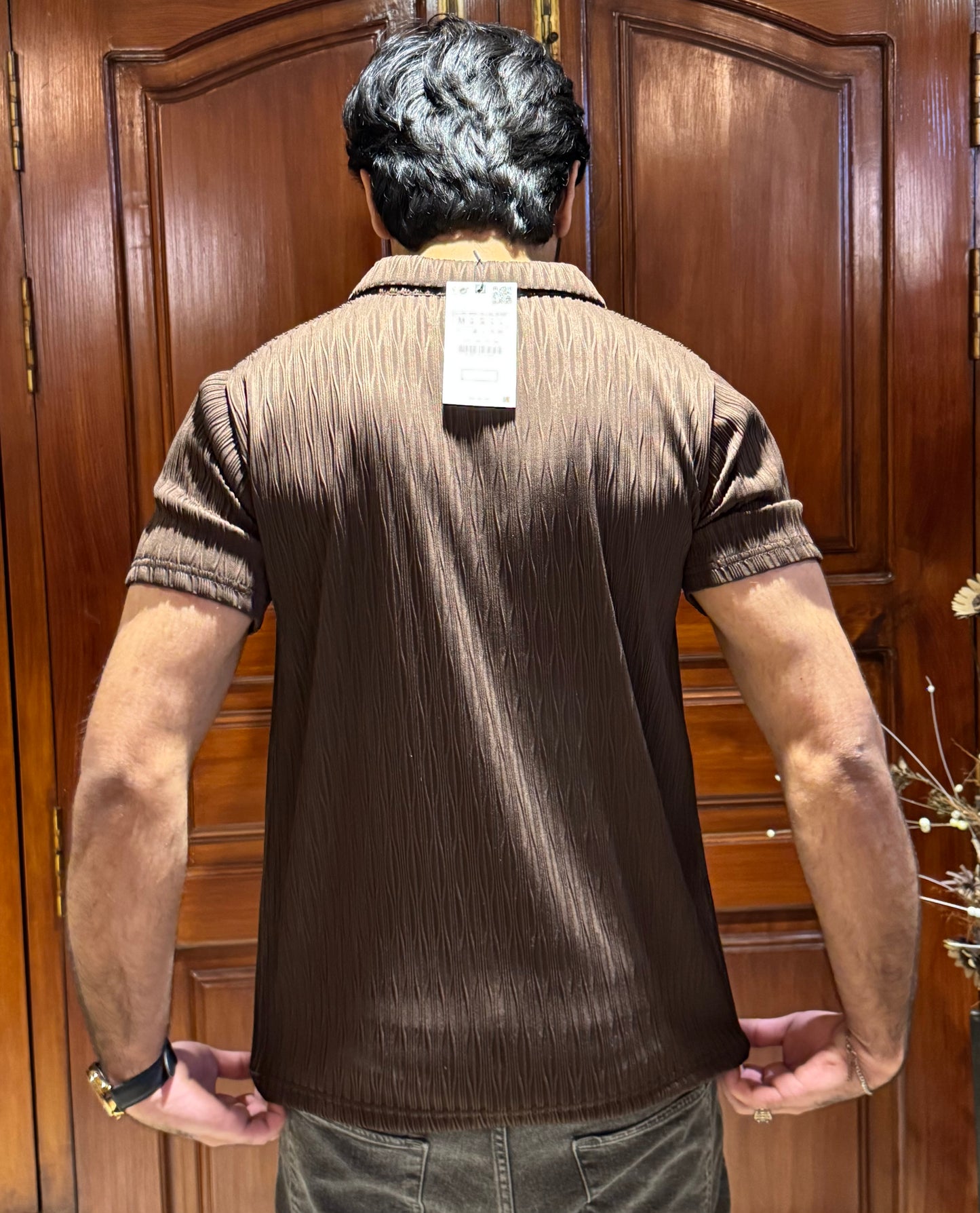 ZR Textured Stretchable Johnny Collar T-Shirt-Brown